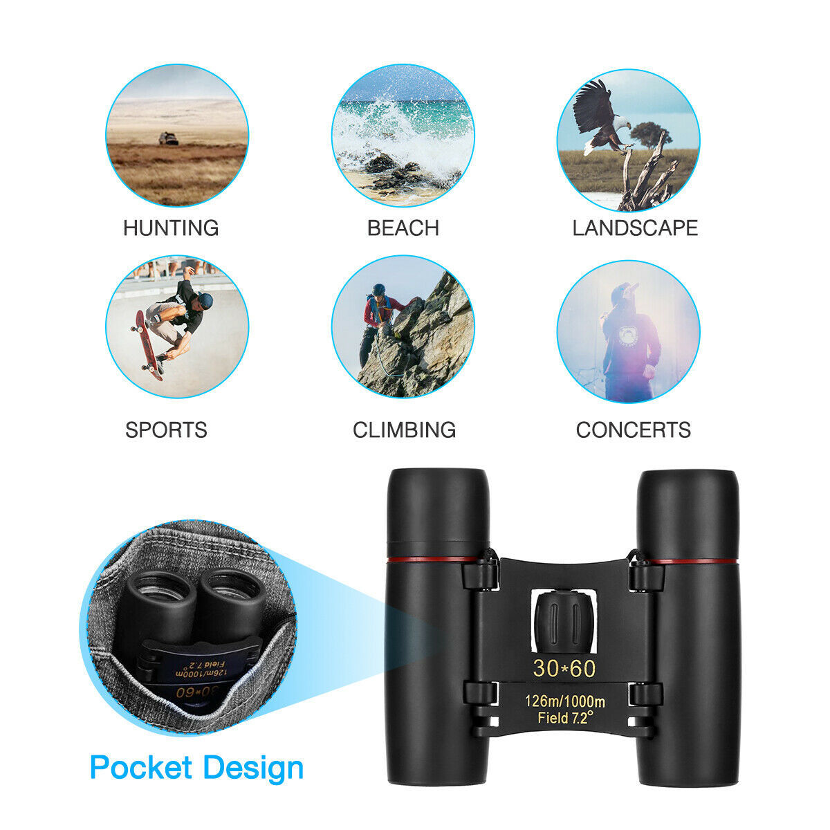Binoculars 30x60 Zoom Travel Compact Folding Telescope Hunting Day Night Outdoor Small Pocket Binoculars Compact Adults, Mini Kids Binoculars Boys For Bird Watching, Concert Theater Opera null