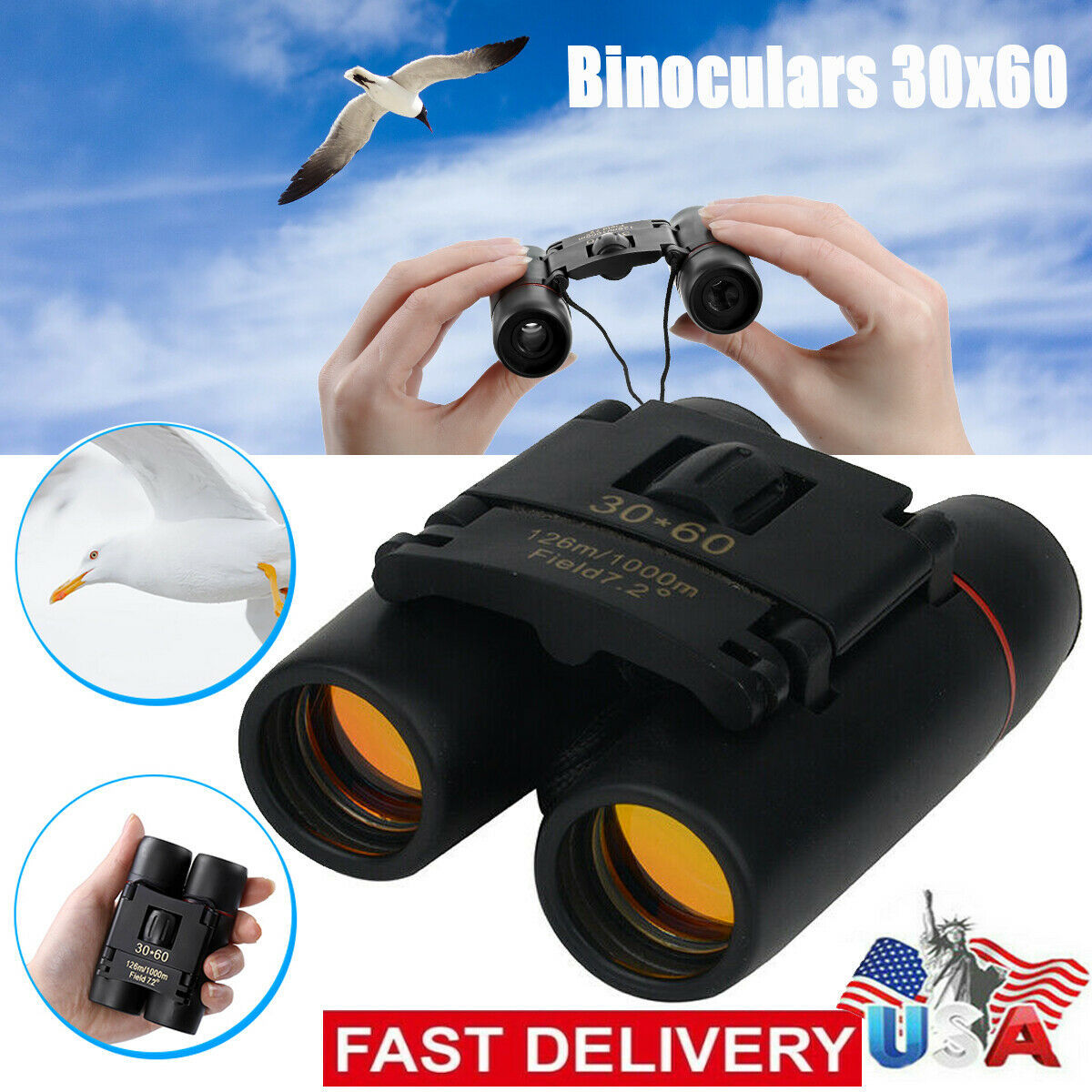 Binoculars 30x60 Zoom Travel Compact Folding Telescope Hunting Day Night Outdoor Small Pocket Binoculars Compact Adults, Mini Kids Binoculars Boys For Bird Watching, Concert Theater Opera null