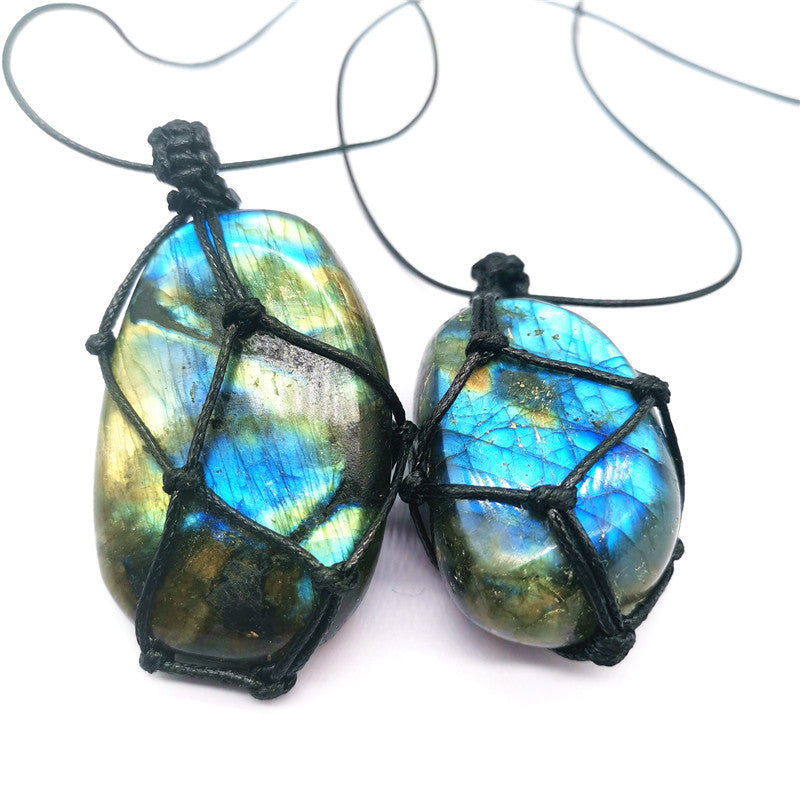 Natural Moonstone Labradorite Rough Stone Pendant Necklace Hand-woven Labradorite Net Bag Pendant null