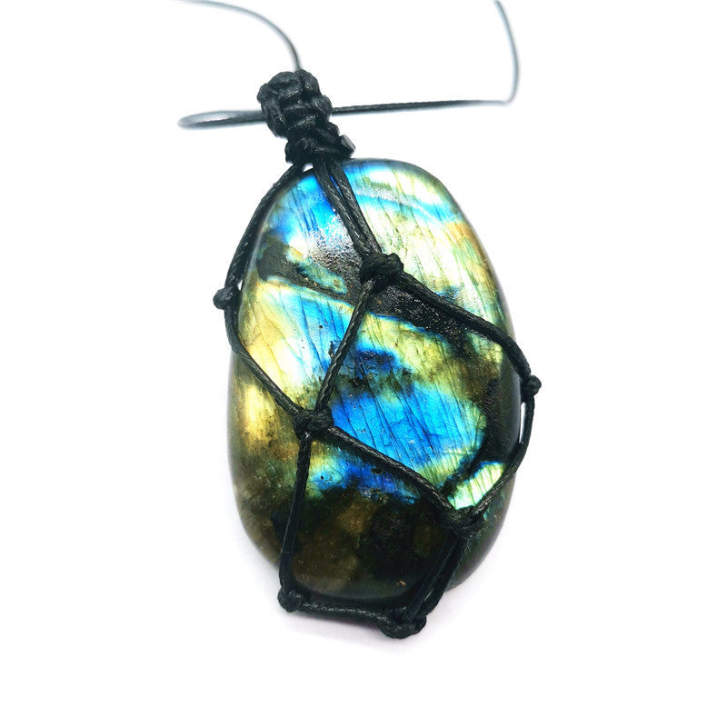 Natural Moonstone Labradorite Rough Stone Pendant Necklace Hand-woven Labradorite Net Bag Pendant null