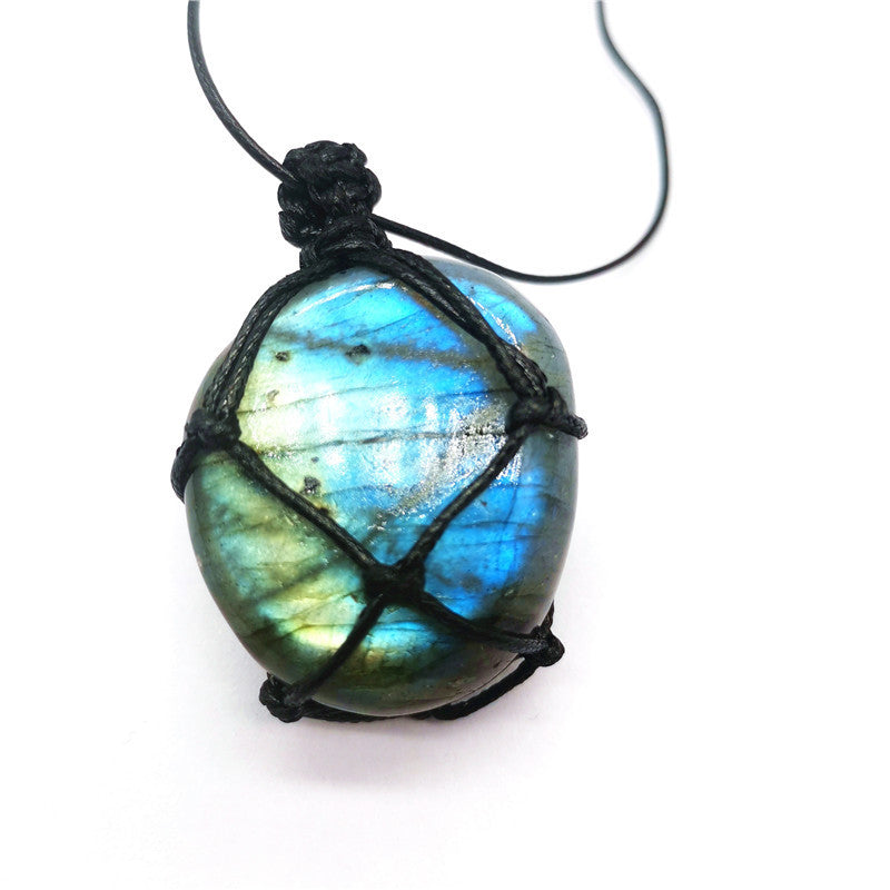 Natural Moonstone Labradorite Rough Stone Pendant Necklace Hand-woven Labradorite Net Bag Pendant null