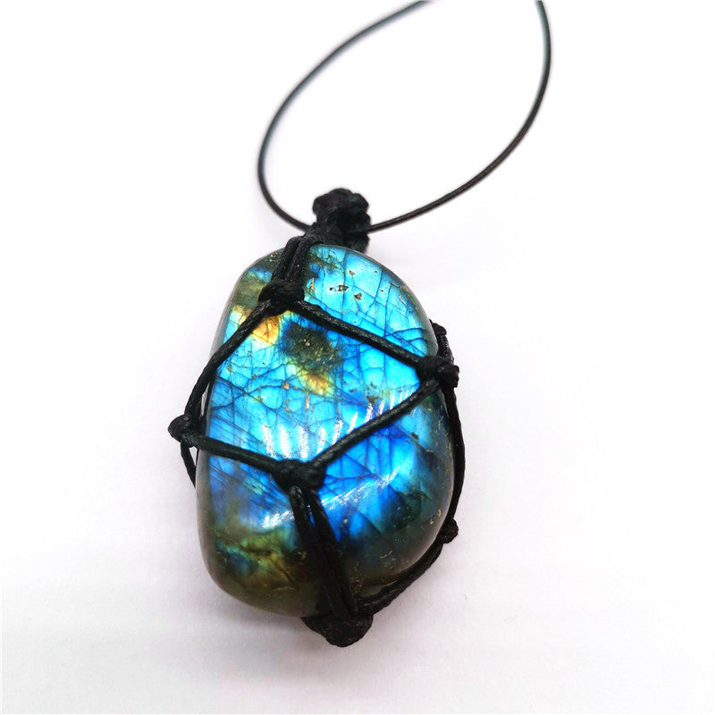 Natural Moonstone Labradorite Rough Stone Pendant Necklace Hand-woven Labradorite Net Bag Pendant null