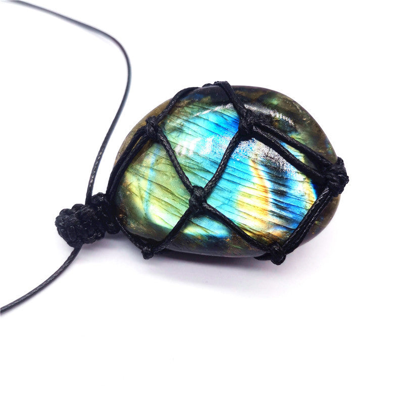 Natural Moonstone Labradorite Rough Stone Pendant Necklace Hand-woven Labradorite Net Bag Pendant null
