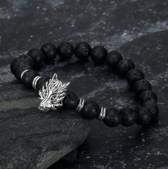Asgard Crafted Grey Wolf Head And Lava Stone Bracelet null