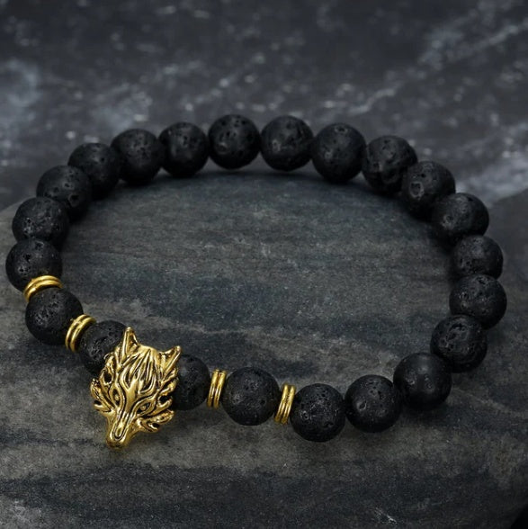 Asgard Crafted Grey Wolf Head And Lava Stone Bracelet null
